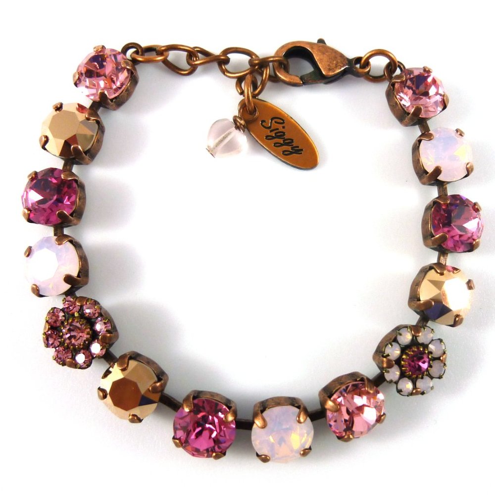 Swarovski Crystal Flower Embellished Pink Tennis Bracelet Antique Copper Finish - Picture 1 of 3
